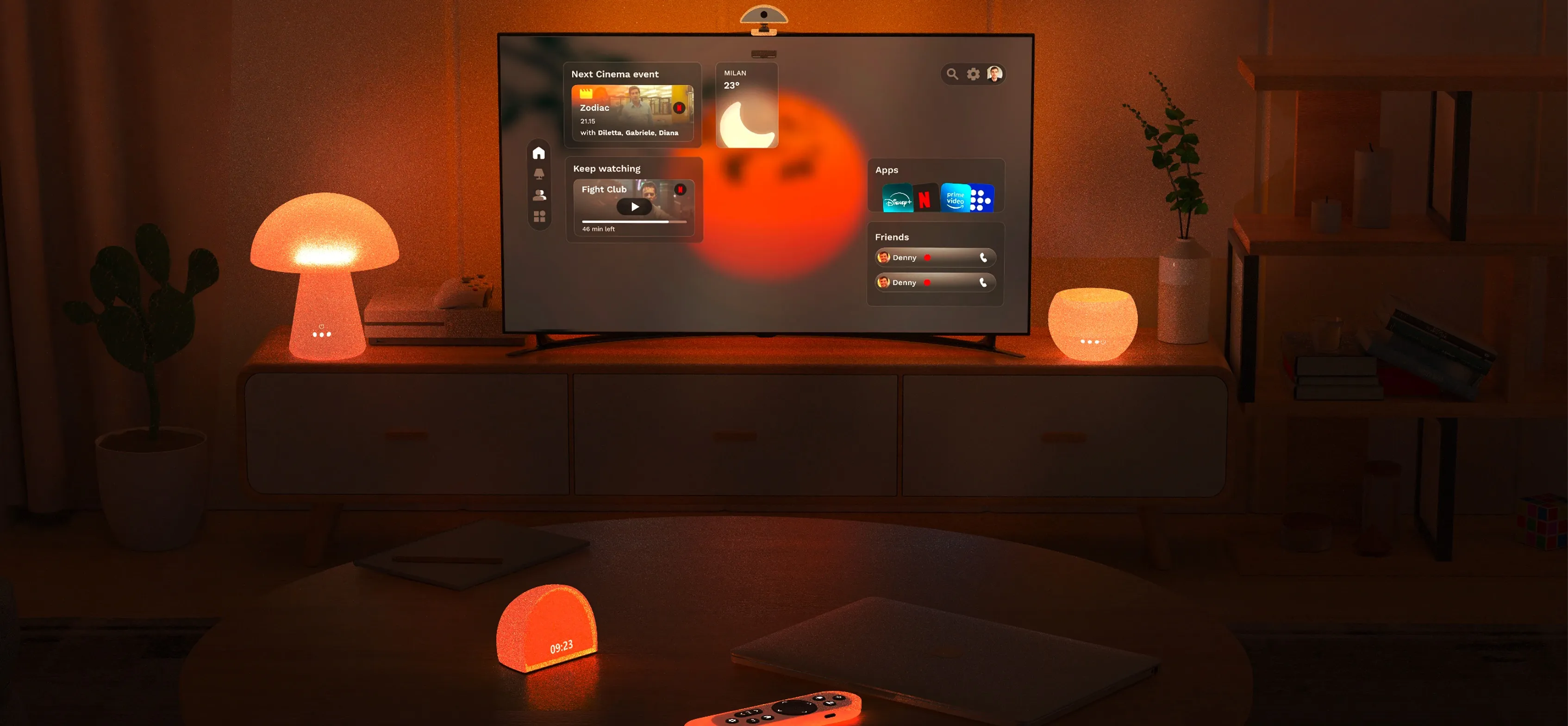Ambientazione con TV OICO, telecomando e accessori smart home